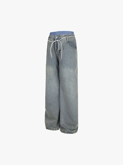 New Style Casual Wide-Leg Denim Pants with Drawstring Waist Trendy Relaxed Fit Streetwear Jeans