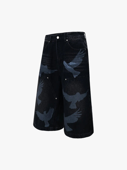 Trendy Black Denim Shorts with Bird Print Graphic Stylish Streetwear Casual Bermuda Pants - S966