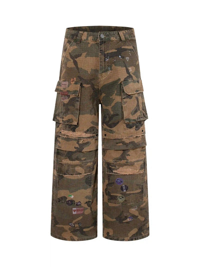 Camo Badge Shredded Cargo Pants-S1233