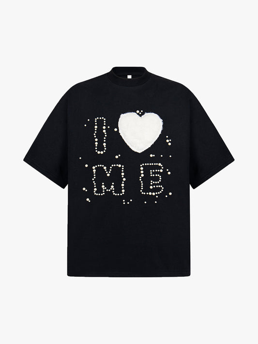 Fuzzy Heart Pearl Letter T Shirt Women Cute Y2K Graphic Tee-S1001