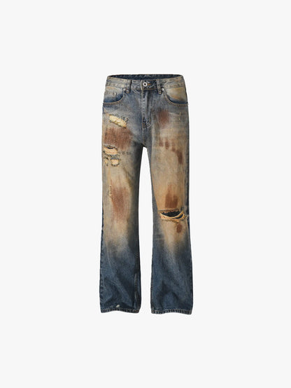 Distressed Denim Pants with Rips and Faded Detailing Trendy Wide-Leg Streetwear - S985
