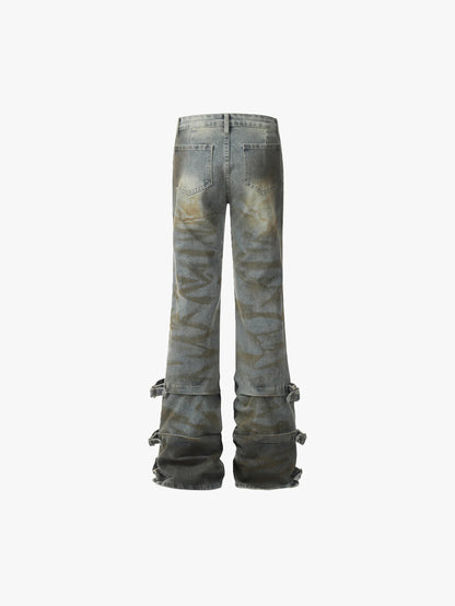 Trendy Street Style Denim Wide Leg Cargo Jeans with Buckle Details - S996