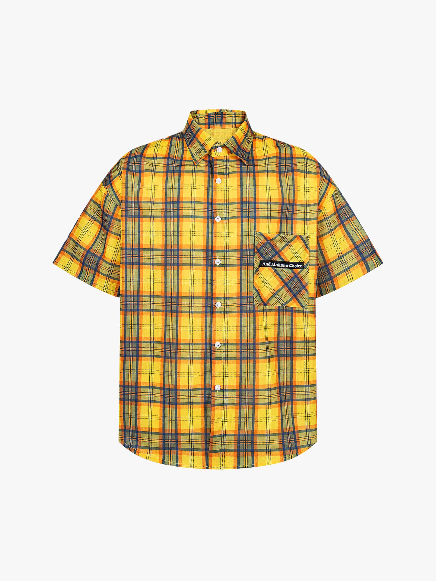 New Style Yellow Plaid Shirt Men Streetwear Graphic Pocket Back Print Summer Top-S1017