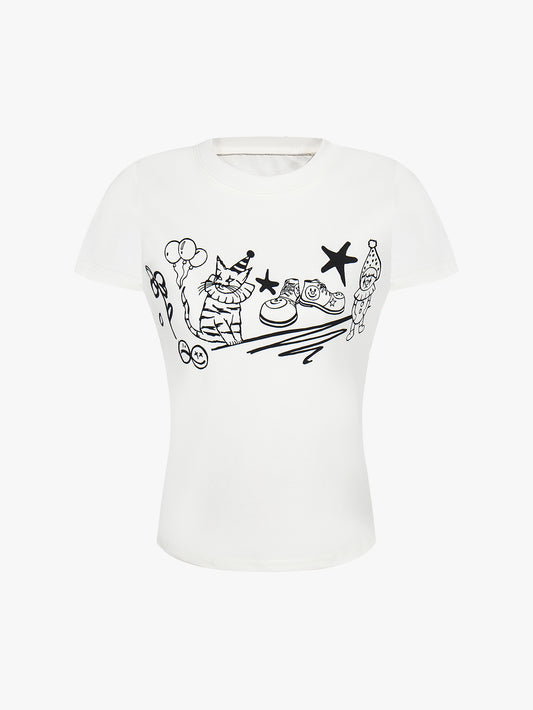Cartoon Cat Graphic T Shirt Women Summer Casual Cute Short Sleeve Tee-S999