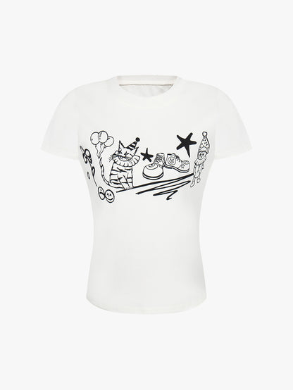 Cartoon Cat and Clown Graphic Summer T-shirt-S999