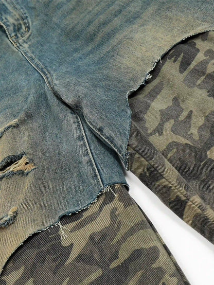 Street Camo Patchwork Denim Shorts-S1069