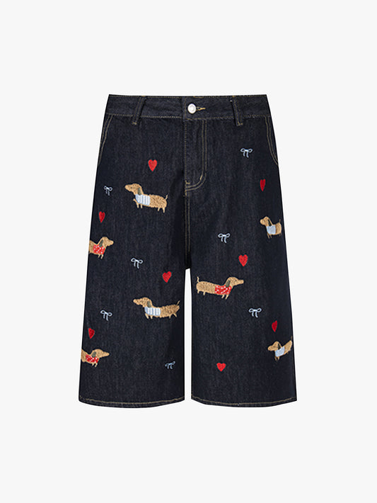 Embroidered Dachshund Denim Shorts Cute Puppy Print High Waist Pants-S1013