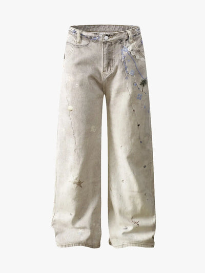 Beige Wide Leg Vintage Printed Jeans-S1026