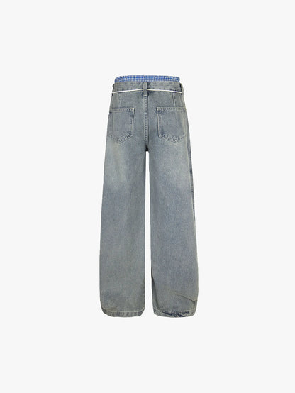 New Style Casual Wide-Leg Denim Pants with Drawstring Waist Trendy Relaxed Fit Streetwear Jeans