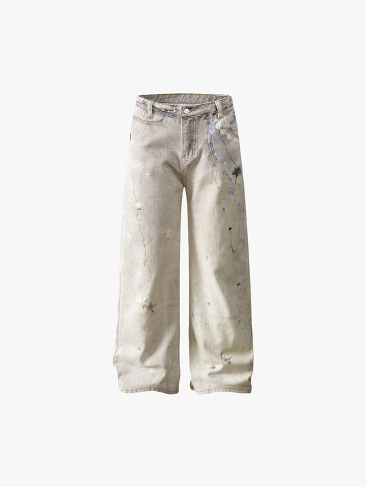 Beige Wide Leg Jeans High Waist Vintage Washed Printed Denim Pants-S1026