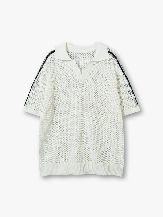 New Collection Mesh Knit Polo Shirt Breathable Summer Loose See Through Top-S1019
