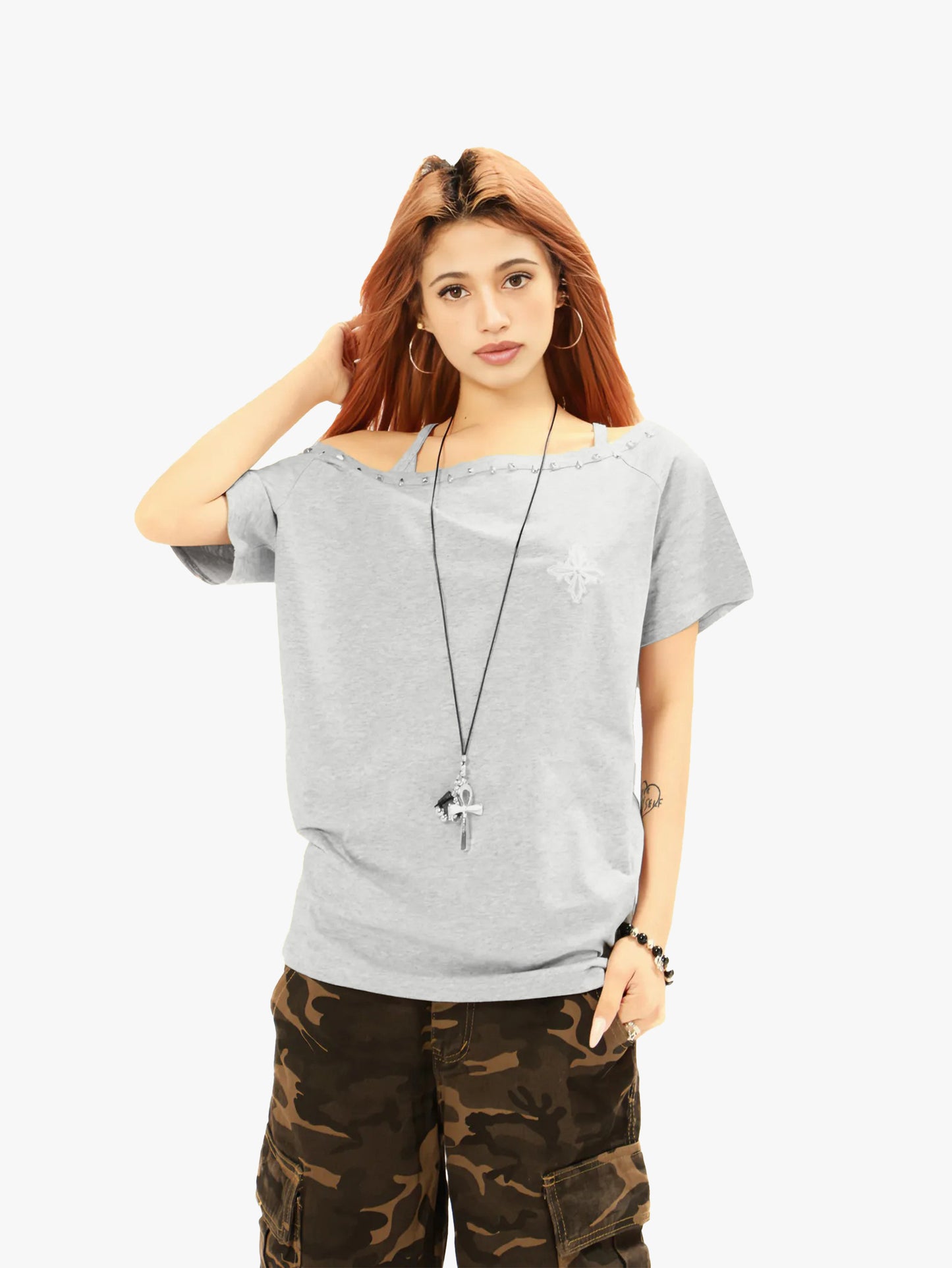 Off Shoulder T Shirt Studded Neckline Casual Graphic Tee Asymmetrical Top for Women-S1030