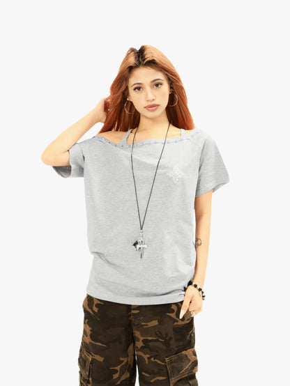Off Shoulder T Shirt Studded Neckline Casual Graphic Tee Asymmetrical Top for Women-S1030