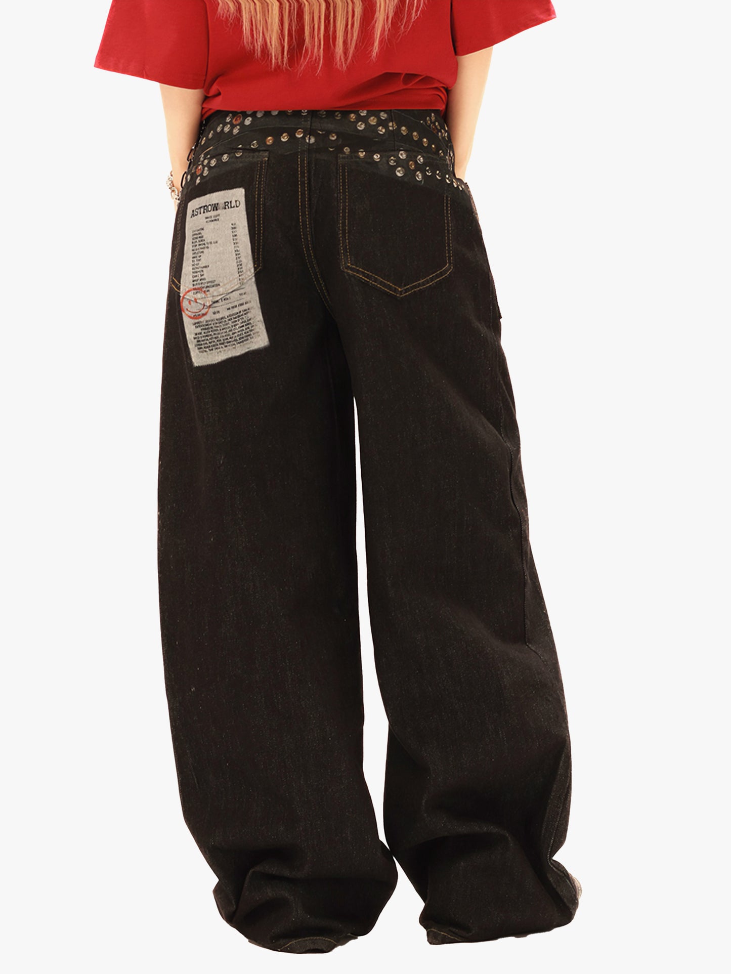 Y2K Wide Leg Jeans Women Studded Patchwork High Waist Denim Pants-S1003