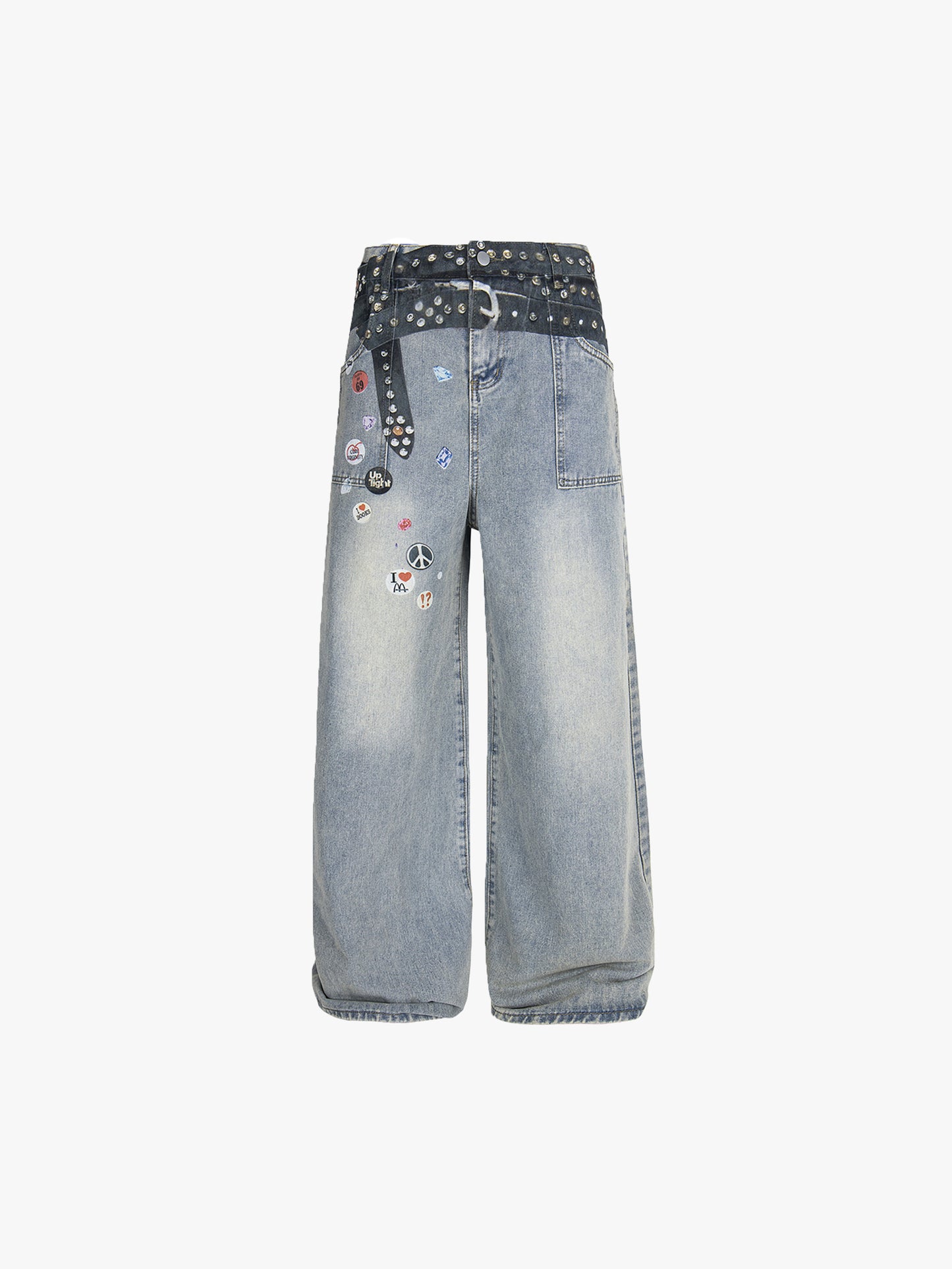Y2K Wide Leg Jeans Women Studded Patchwork High Waist Denim Pants-S1003