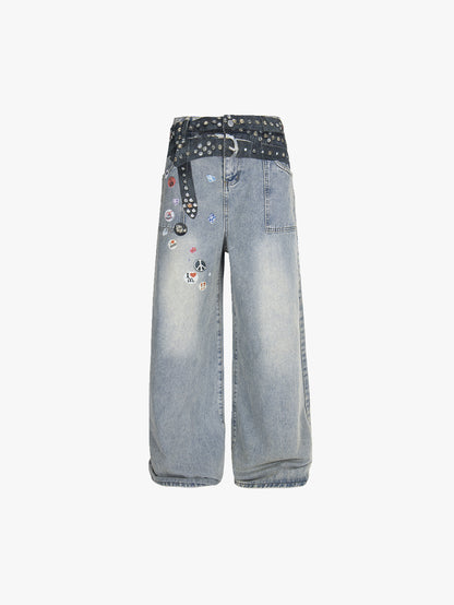 Y2K Wide Leg Jeans Women Studded Patchwork High Waist Denim Pants-S1003