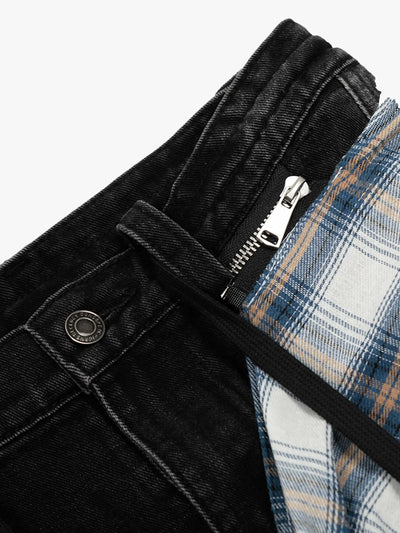Plaid Shirt Layered Skirt Style Denim Pants-S1021