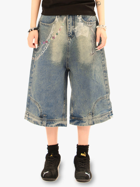 Chain Print Denim Shorts Unisex Streetwear Poker Graphic Loose Pants-S1014