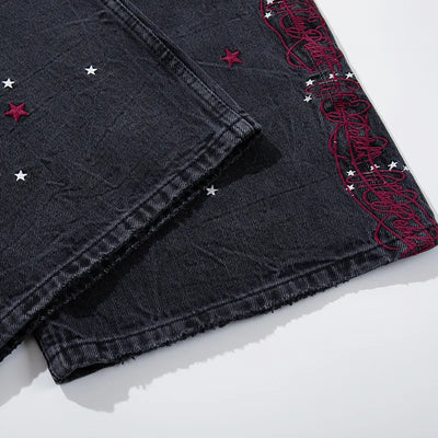 Star Distressed Red Panel Jeans-S1240