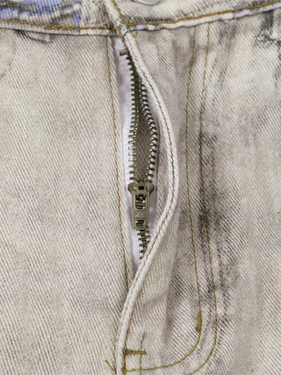 Beige Wide Leg Vintage Printed Jeans-S1026