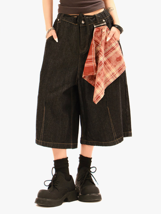 Plaid Scarf Denim Shorts Loose Fit Streetwear Mid Length Jeans-S1008