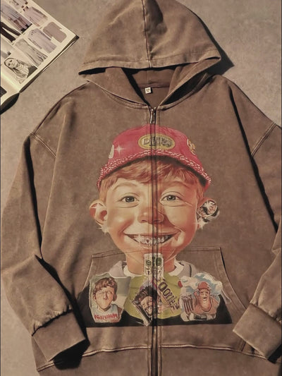 Sudadera retro marrón con dibujo de niño y estampado gráfico